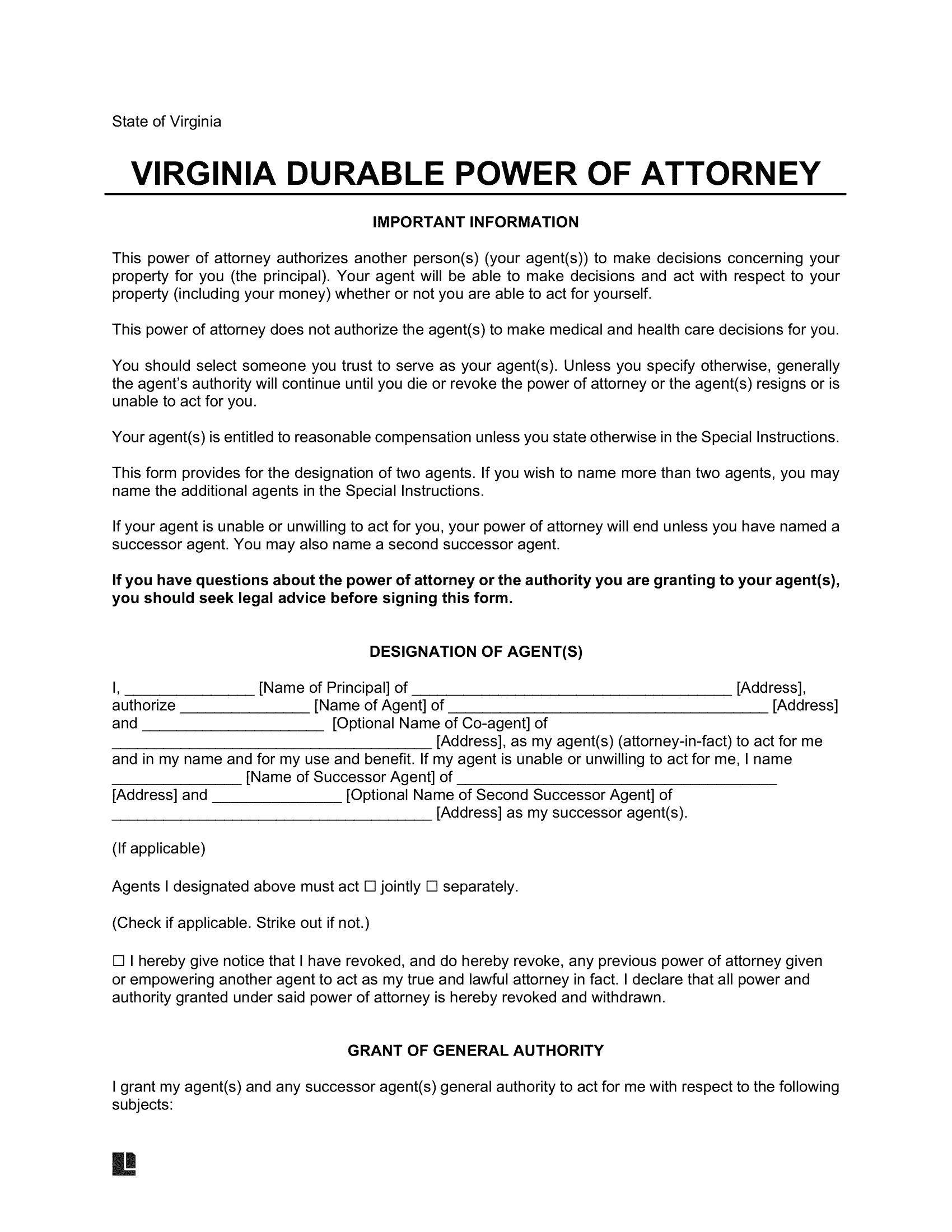 Virginia Durable Power of Attorney Form