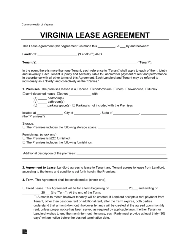 Virginia Lease Agreement Template
