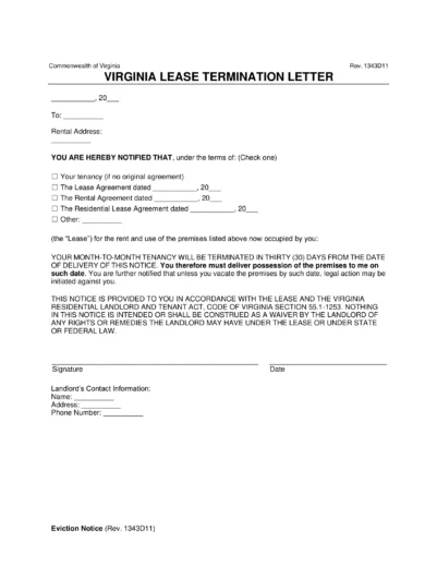 Virginia Lease Termination Letter Template