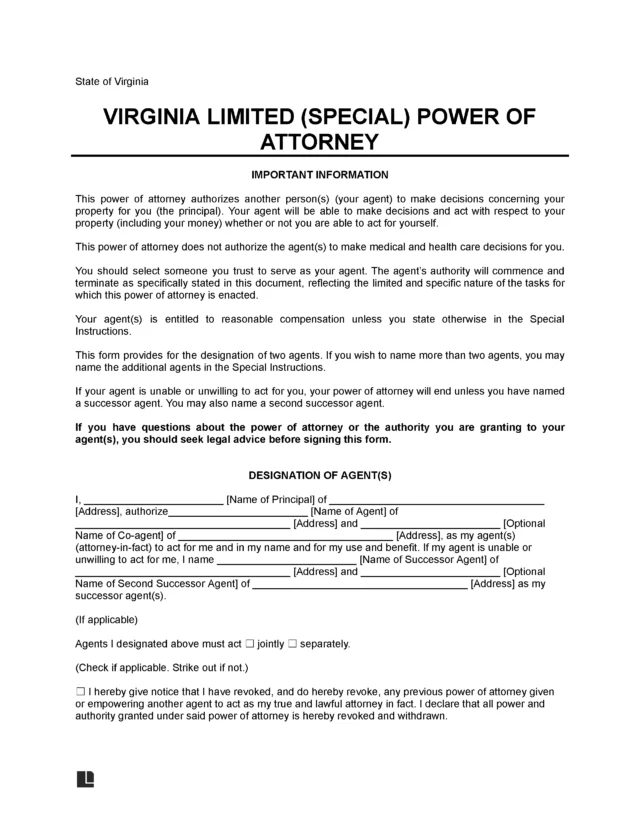 Virginia Limited Power of Attorney Form