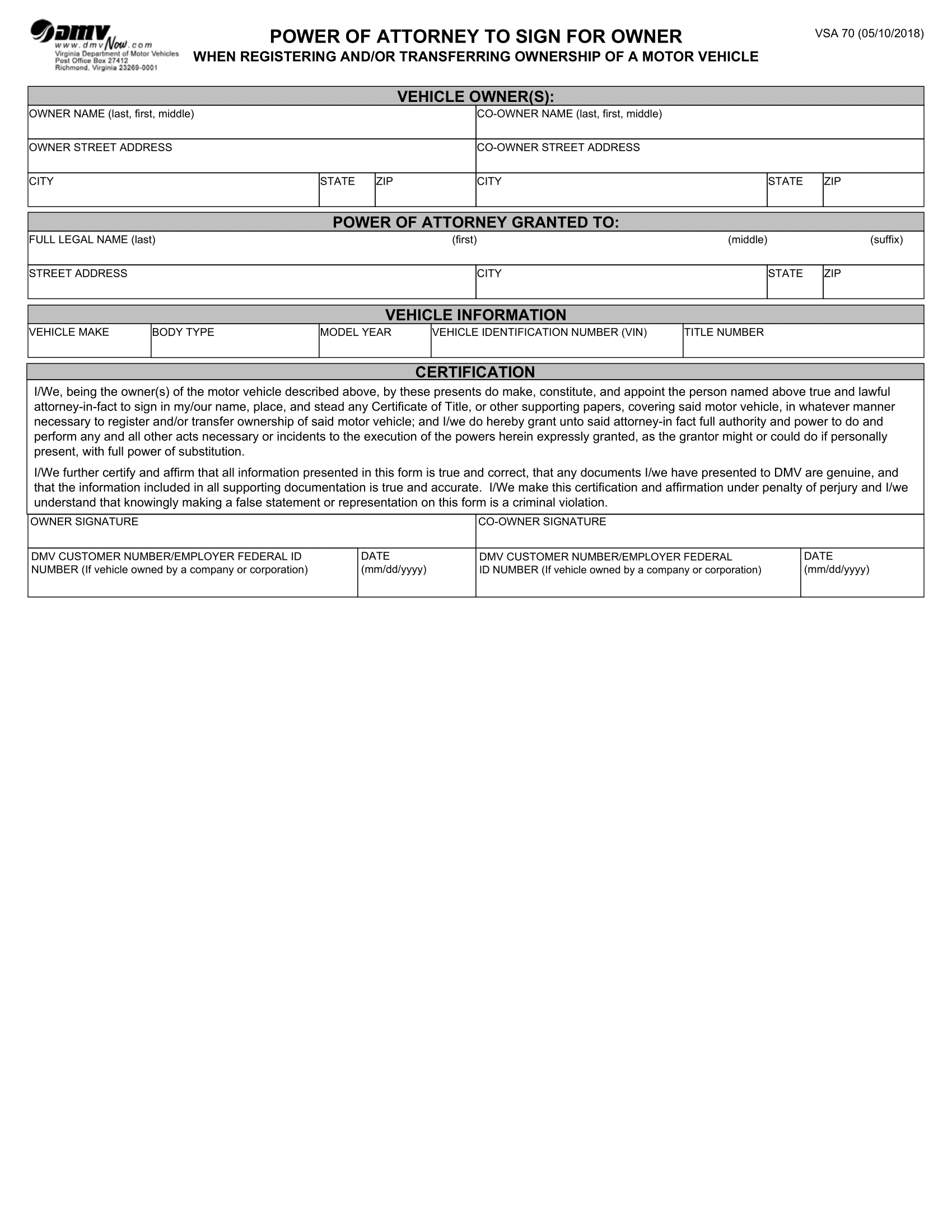 Virginia Motor Vehicle Power of Attorney Form VSA-70