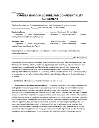 Virginia Non-Disclosure Agreement Template