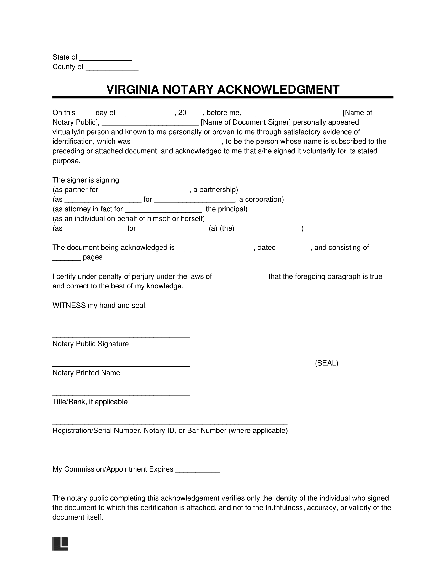 Virginia Notary Acknowledgment Form