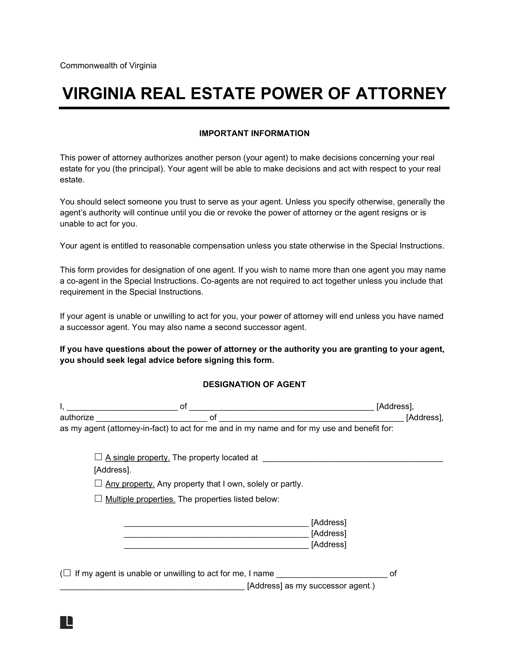 Virginia Real Estate Power of Attorney Form