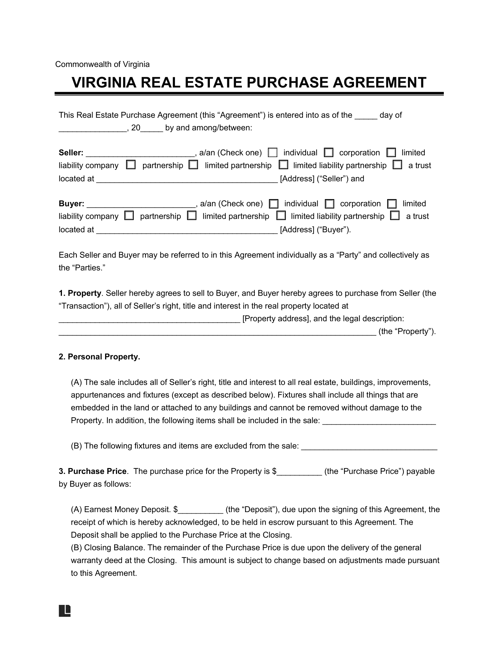 Virginia Residential Purchase Agreement Template