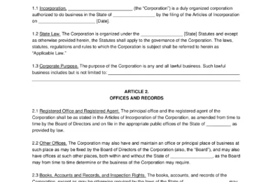 Washington Corporate Bylaws Template
