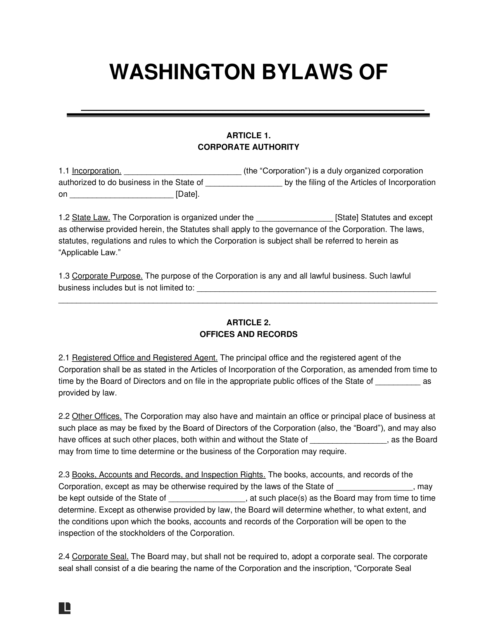 Washington Corporate Bylaws Template