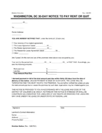 Washington DC 30-Day Notice to Quit for Non-Payment of Rent