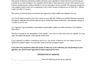 Washington DC Durable Statutory Power of Attorney Form