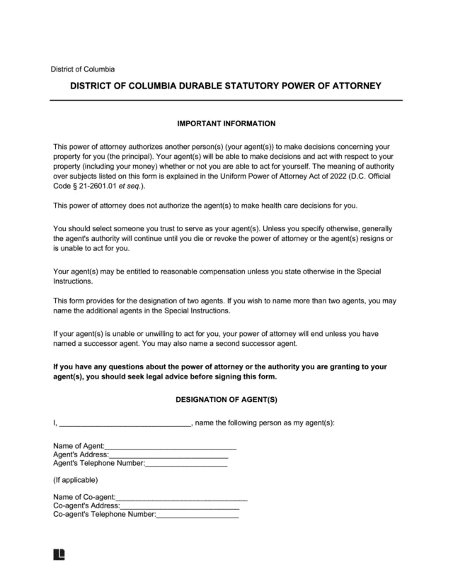 Washington DC Durable Statutory Power of Attorney Form