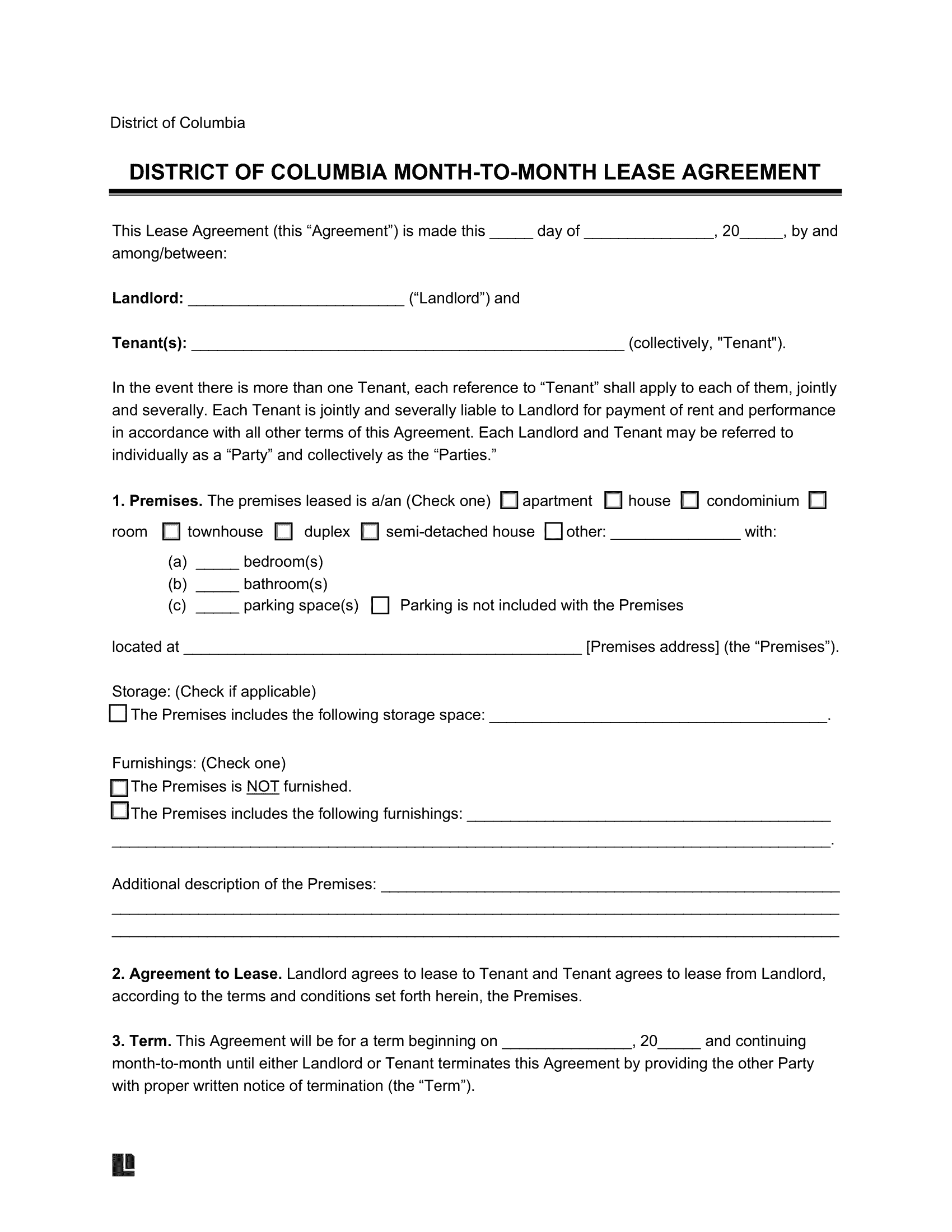 Washington DC Month-to-Month Rental Agreement