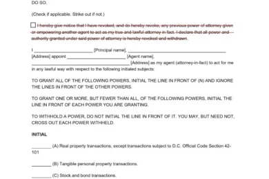Washington D.C. Power of Attorney Form