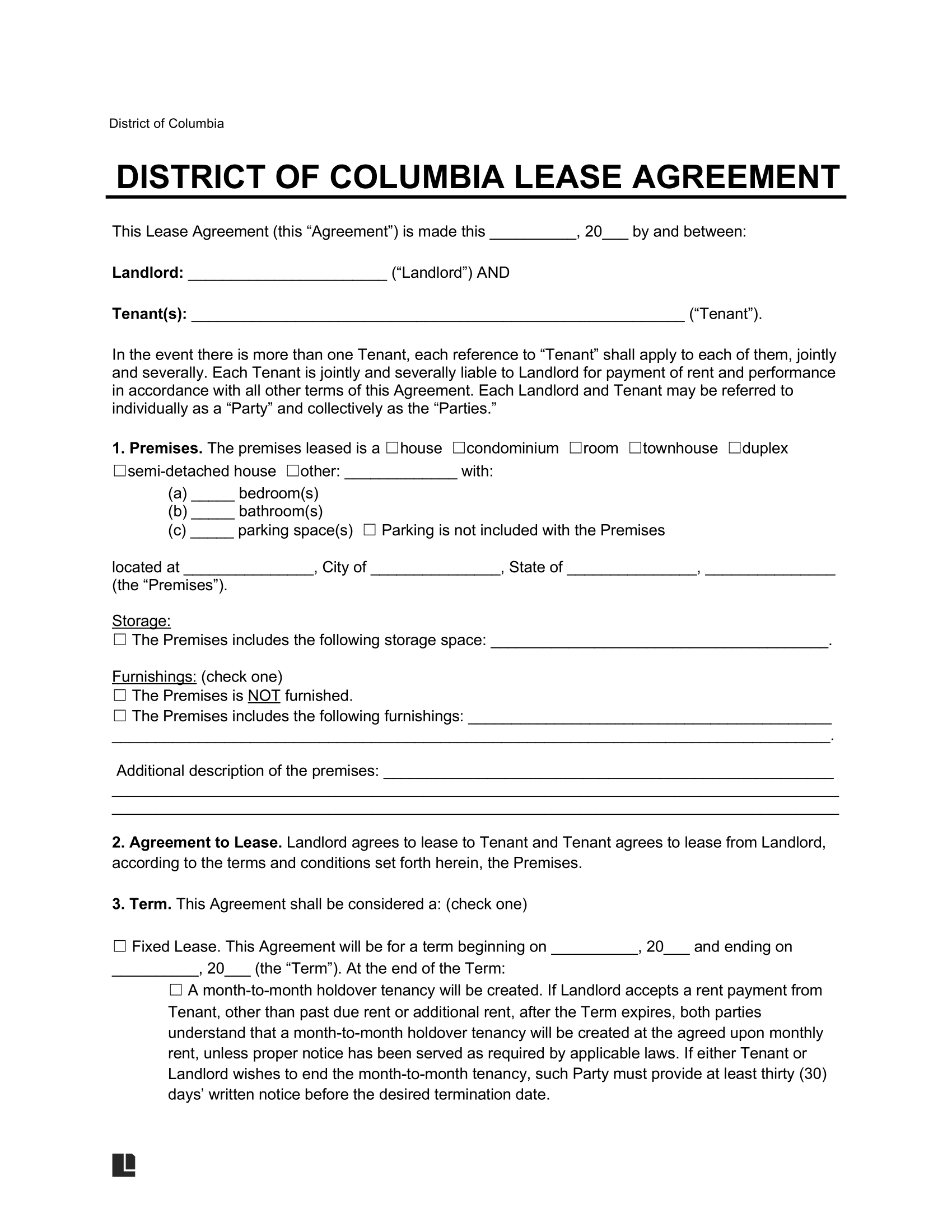 Washington DC Residential Lease Agreement Template