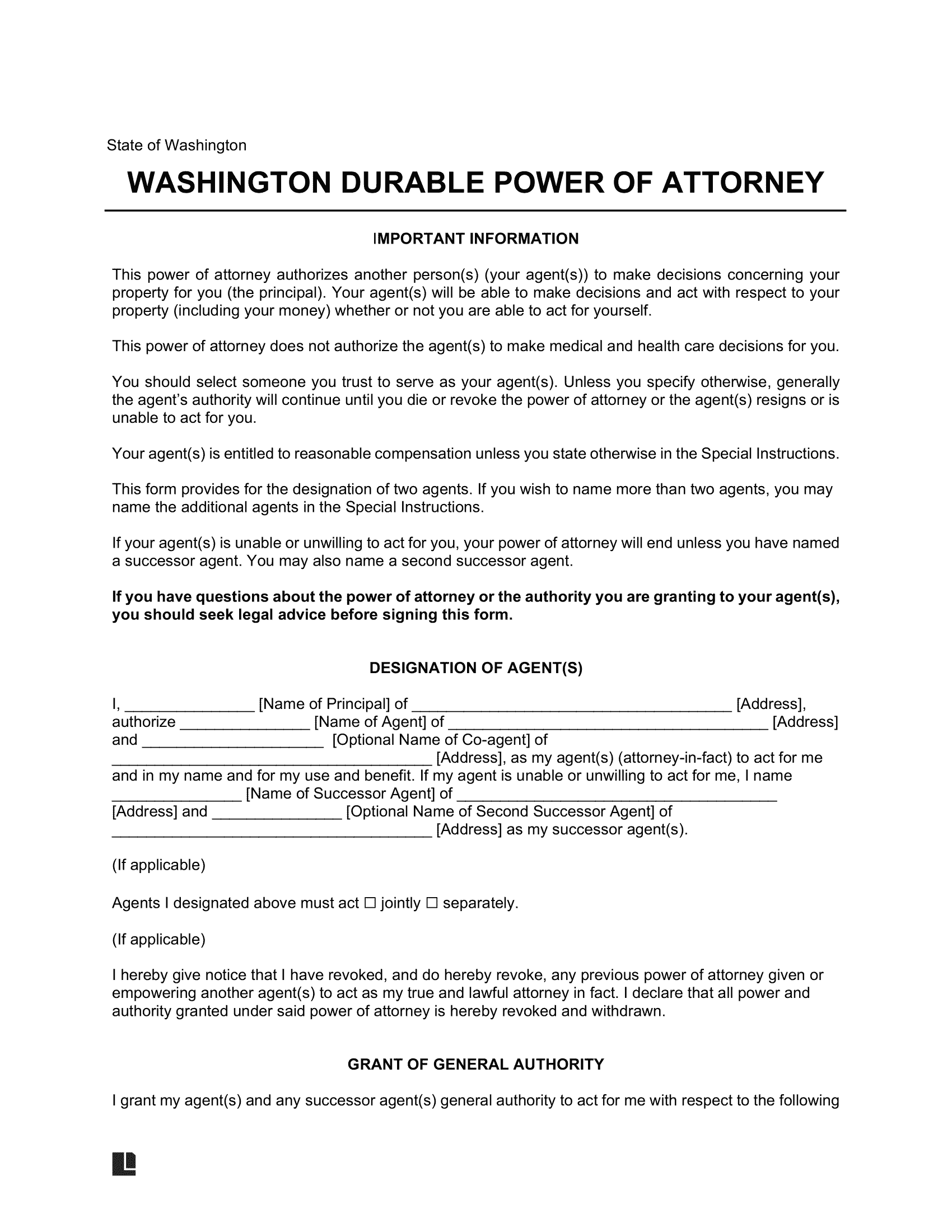 Washington Durable Power of Attorney Form