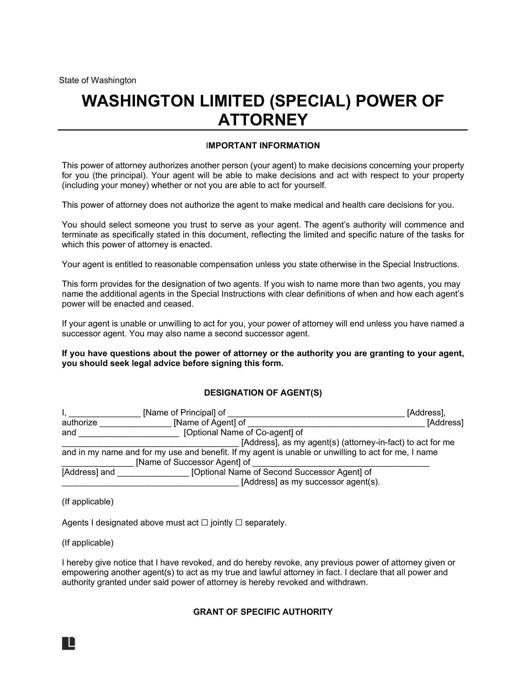 Washington Limited Power of Attorney Form