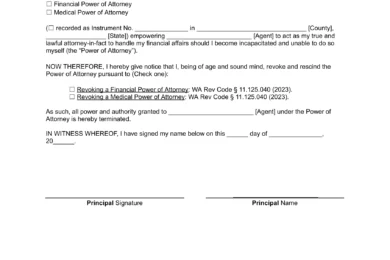Washington Revocation Power of Attorney Form