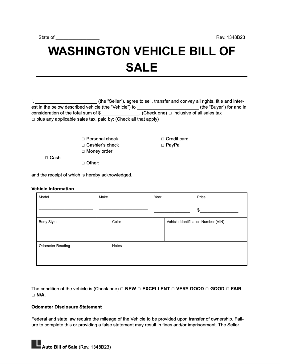 Washington vehicle bill of sale template