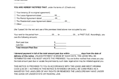 West Virginia Eviction Notice to Quit (Non-Payment of Rent)
