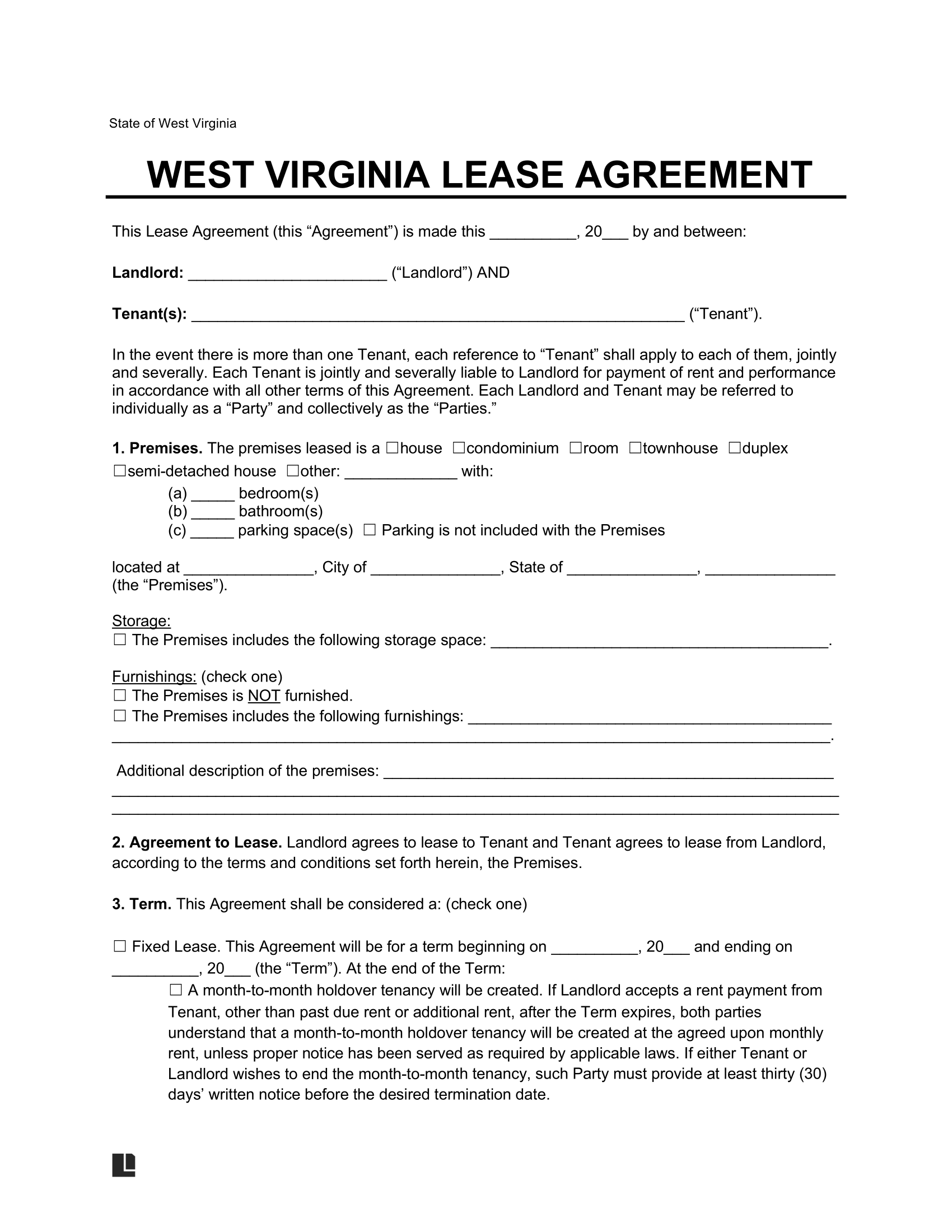 West Virginia Lease Agreement Template