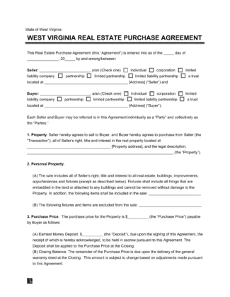 West Virginia Residential Purchase Agreement Template