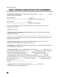 West Virginia Subcontractor Agreement Template
