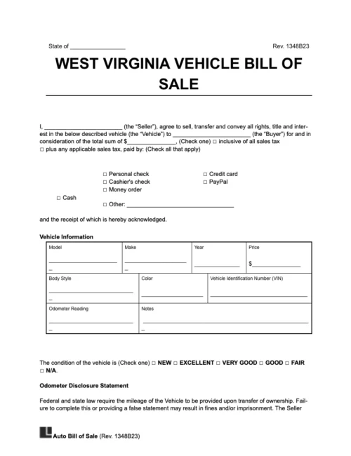 West Virginia vehicle bill of sale