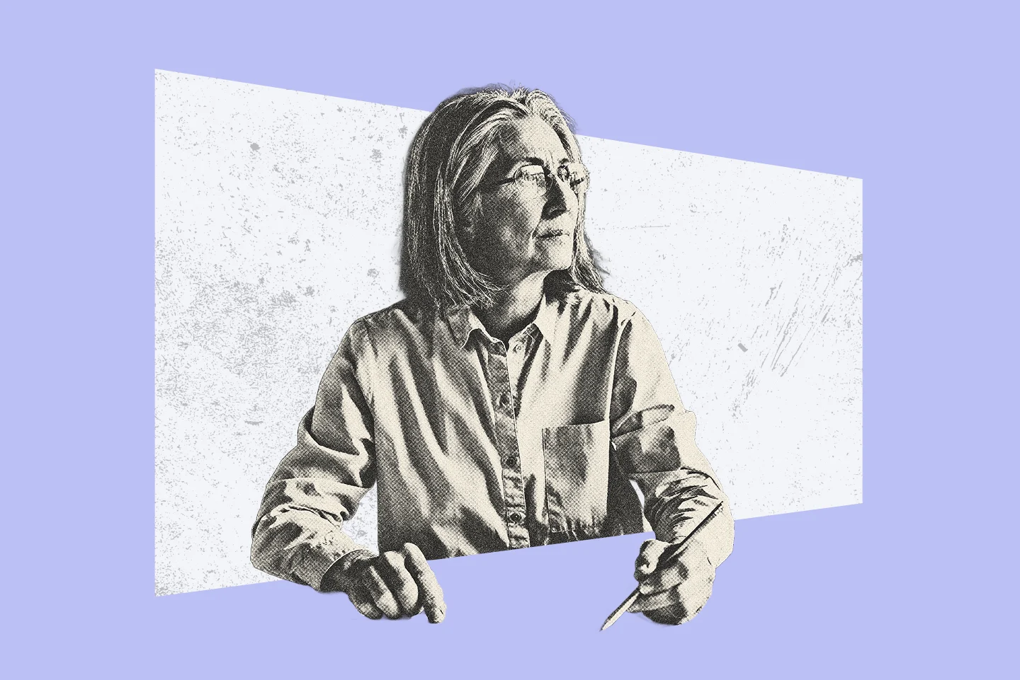 Illustrated woman with glasses holding a pen, looking to the side.