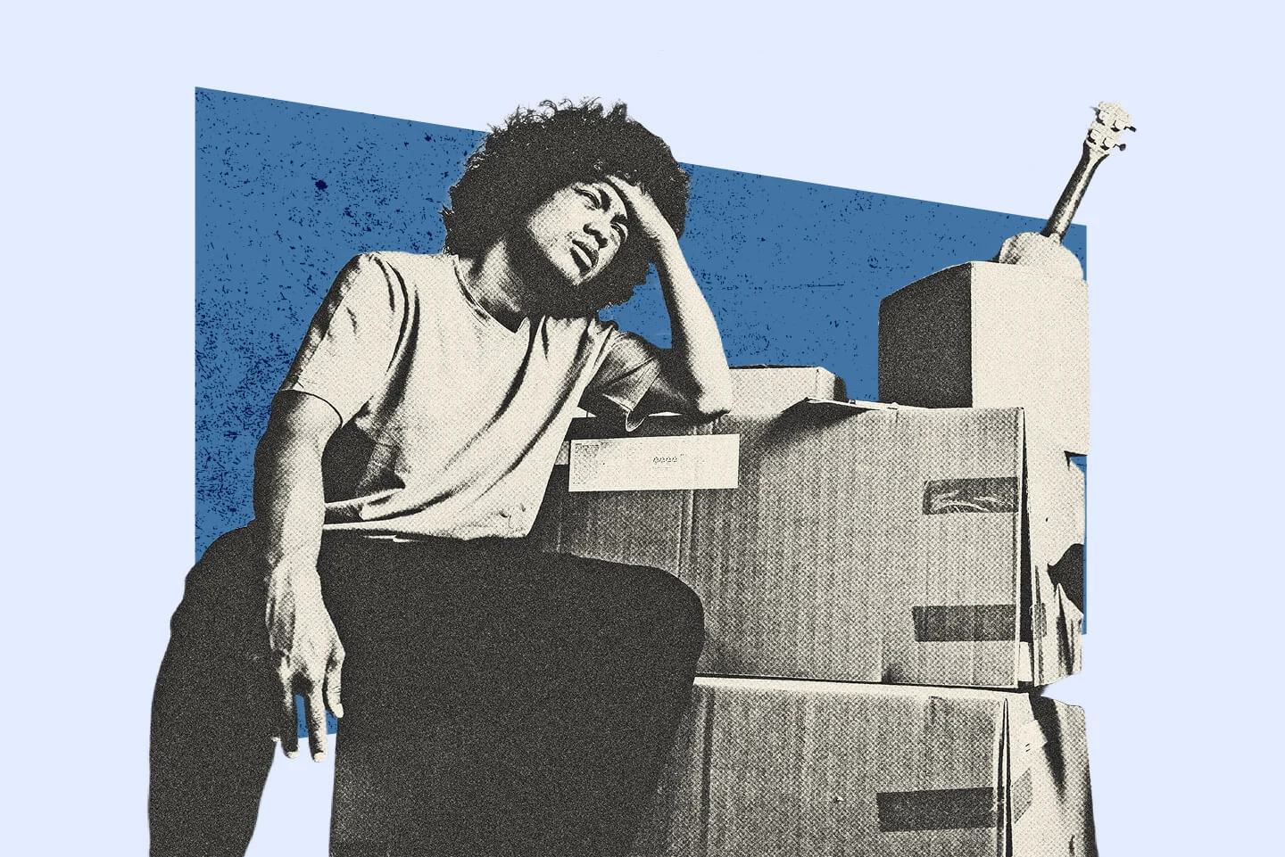 a stressed-out tenant surrounded by moving boxes as he ponders constructive eviction to avoid a bad living situation