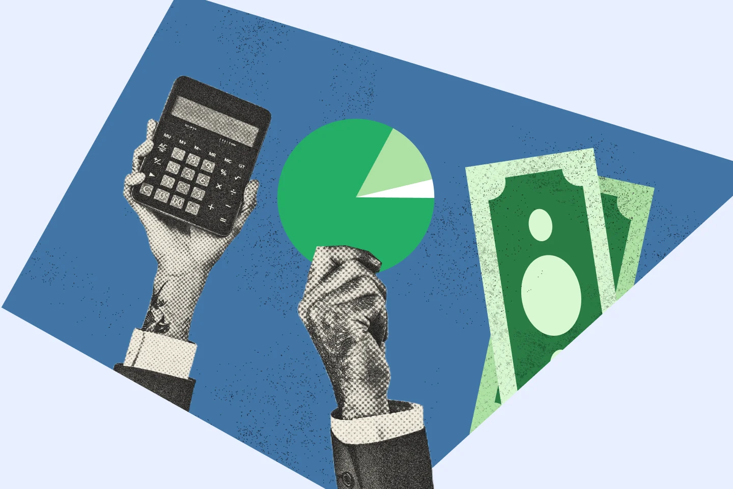 People holding a calculator and a pie chart model to represent personal assets and managing their wealth