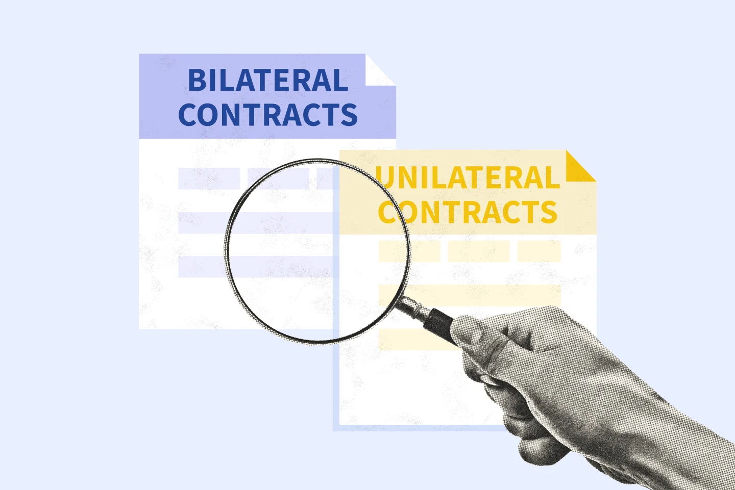 Hand holding a magnifying glass over two contract types.
