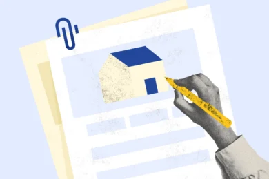 Hand highlighting house paperwork with a pen.