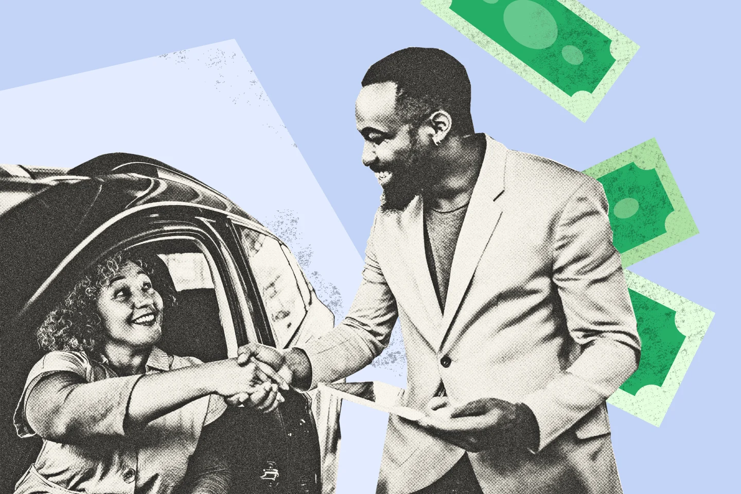 Smiling people shaking hands by a car with money in the background.