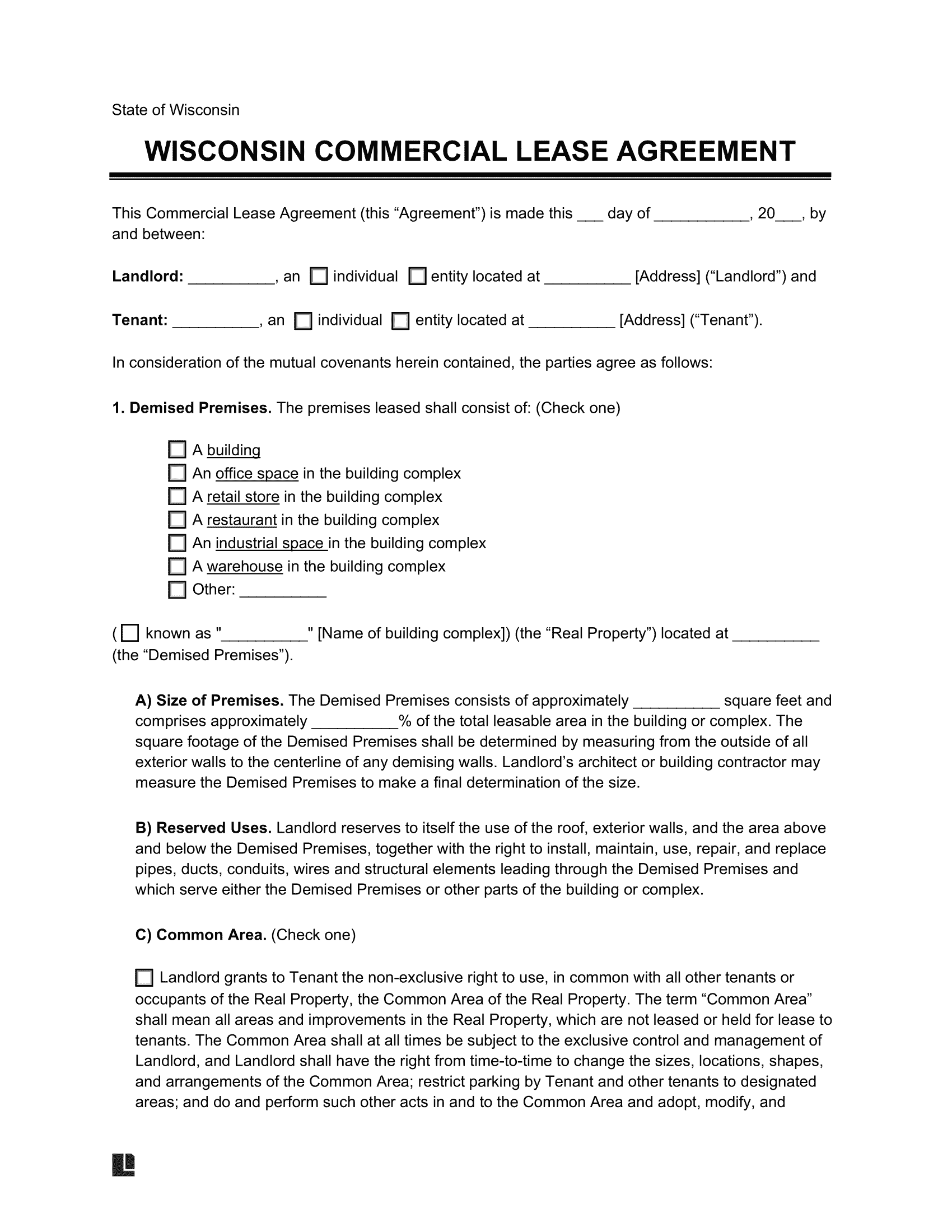 Wisconsin Commercial Lease Agreement