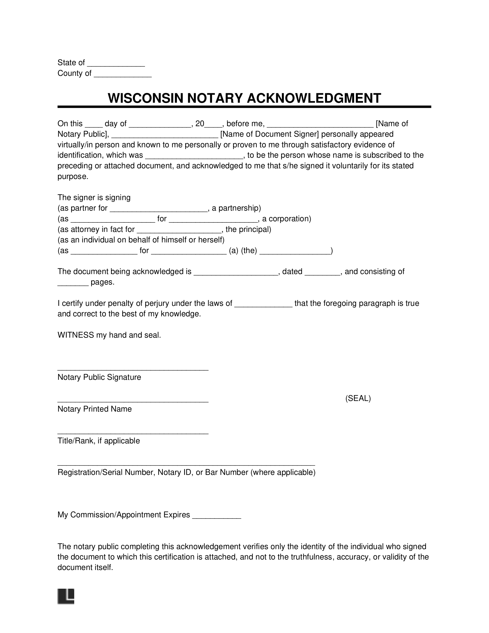 Wisconsin Notary Acknowledgment Form