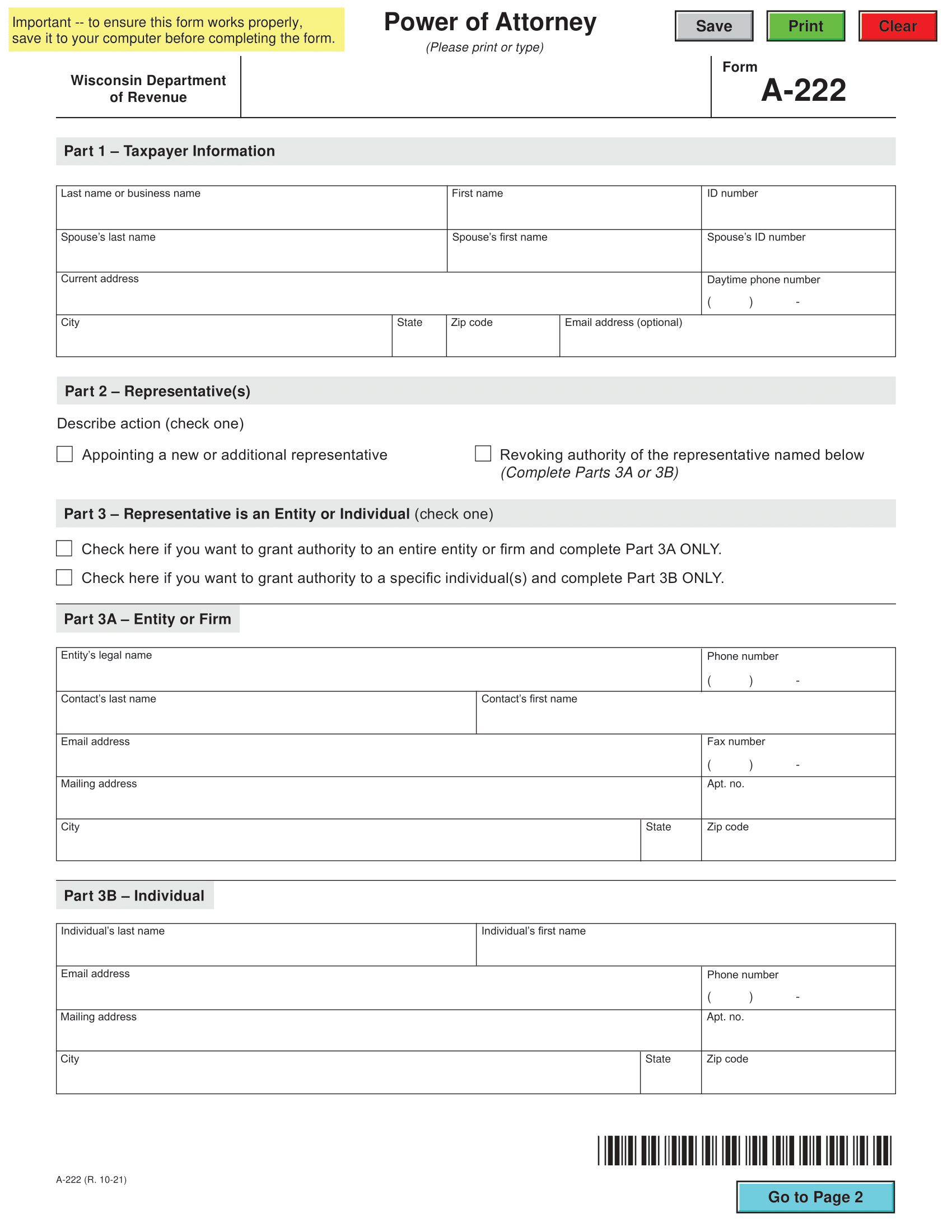 Wisconsin Tax Power of Attorney Form A 222