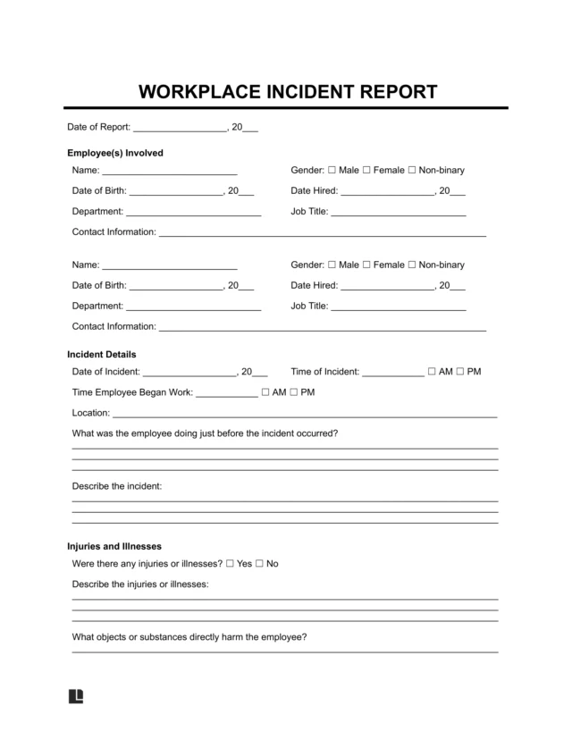 Sample of a Workplace Incident report for businesses