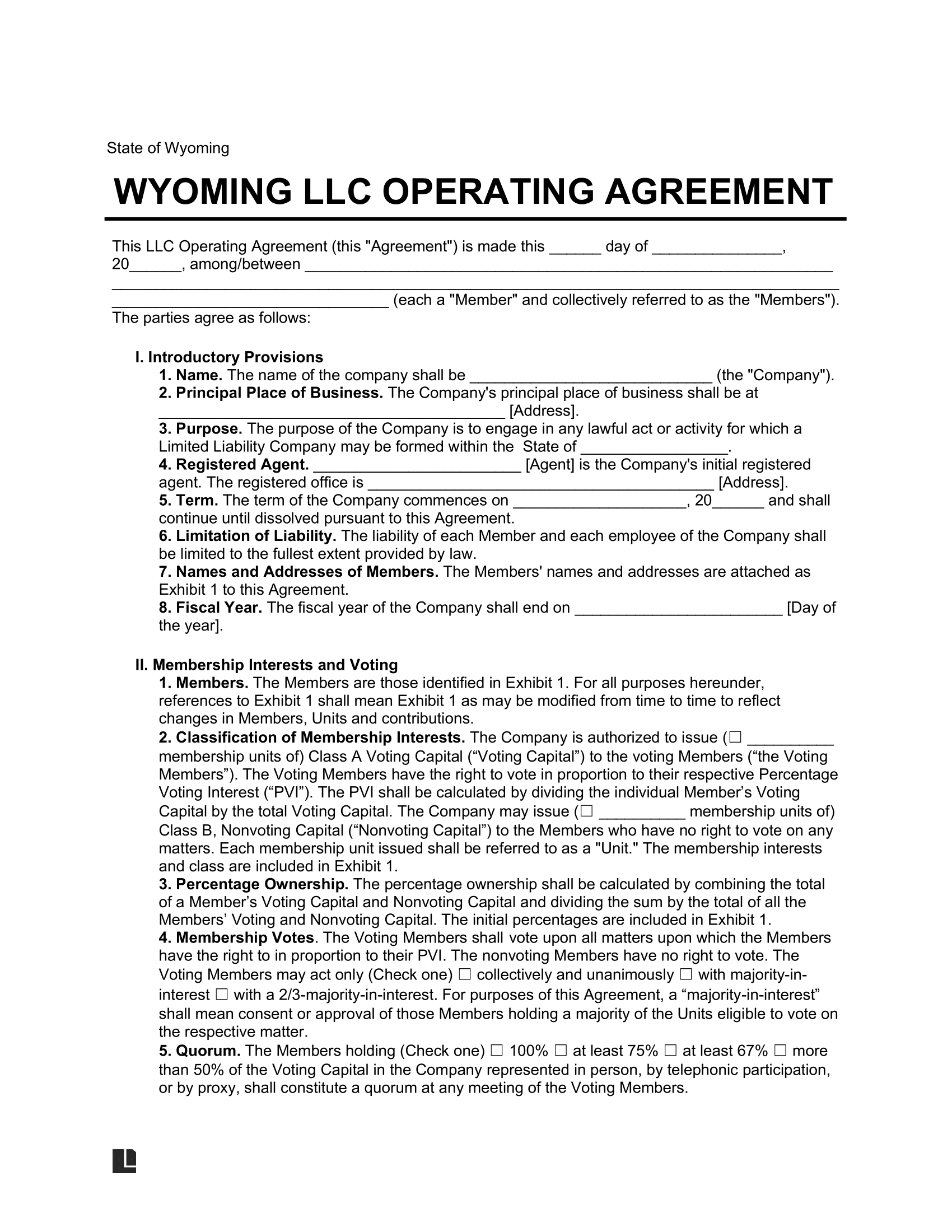 Wyoming LLC Operating Agreement Template