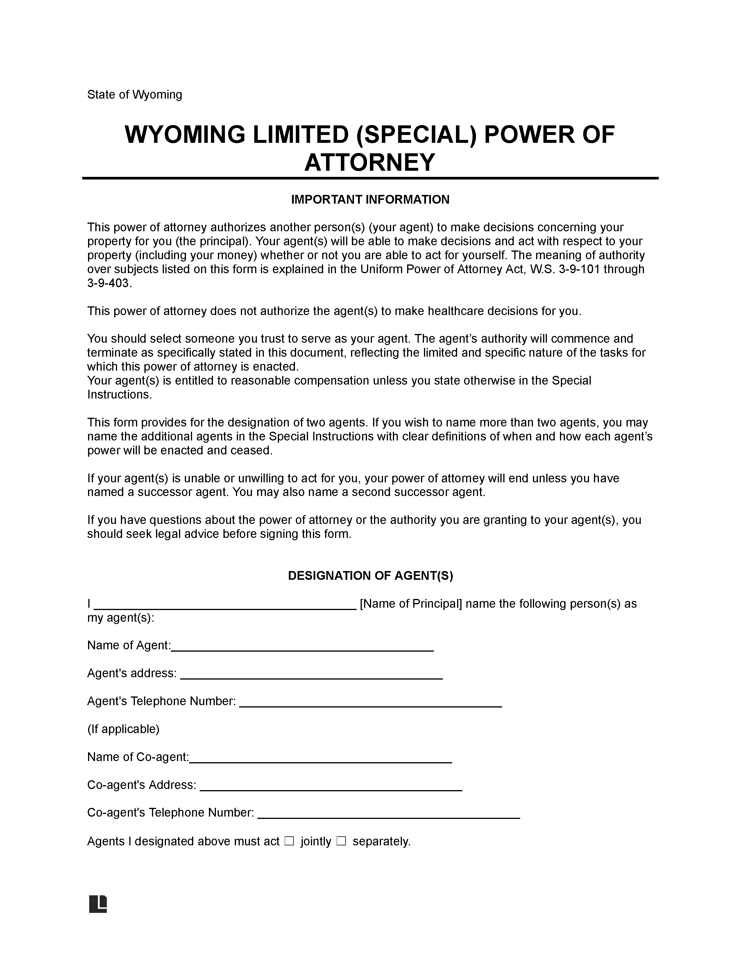 Wyoming Limited Power of Attorney Form