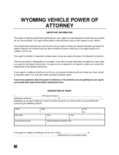 Wyoming Motor Vehicle Power of Attorney Form