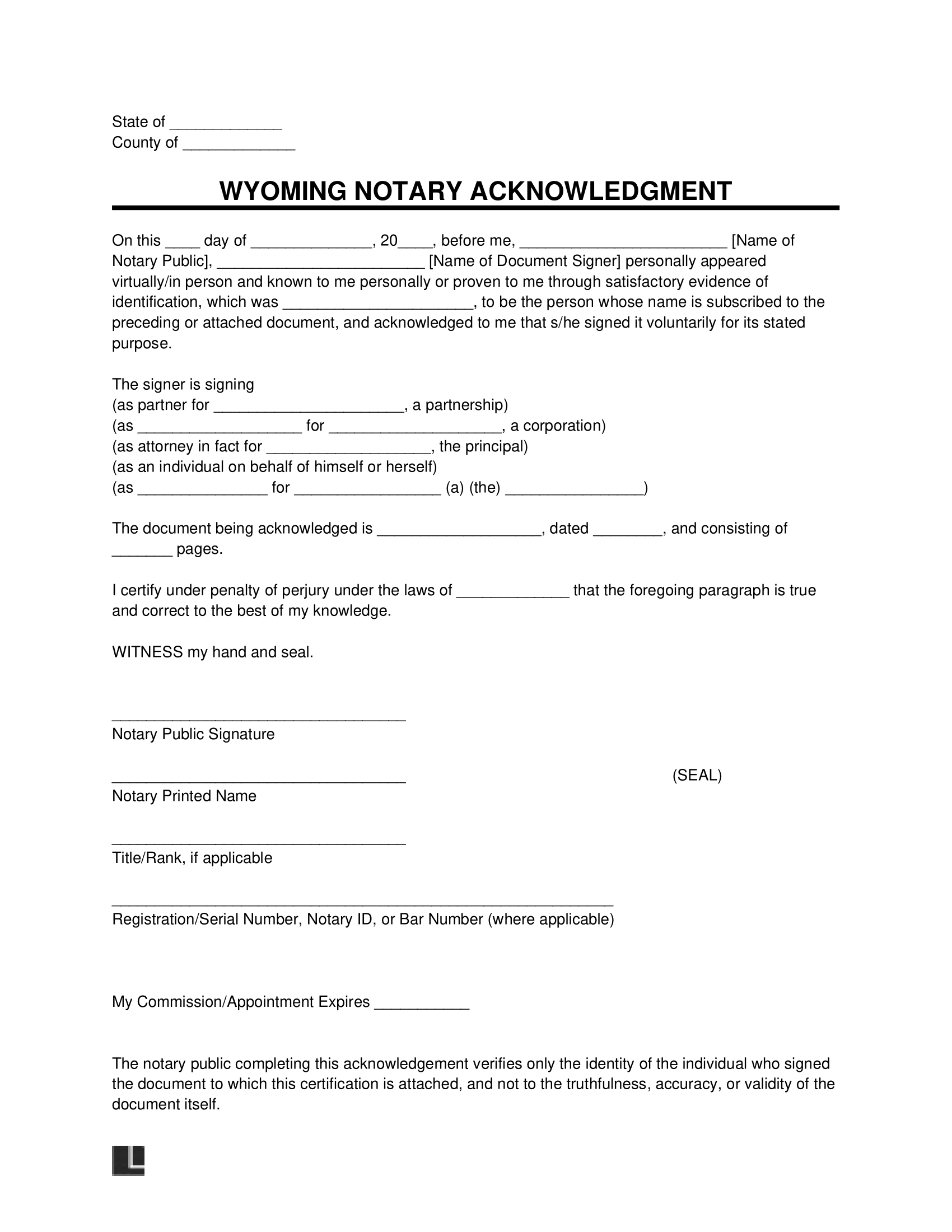 Wyoming Notary Acknowledgment Form