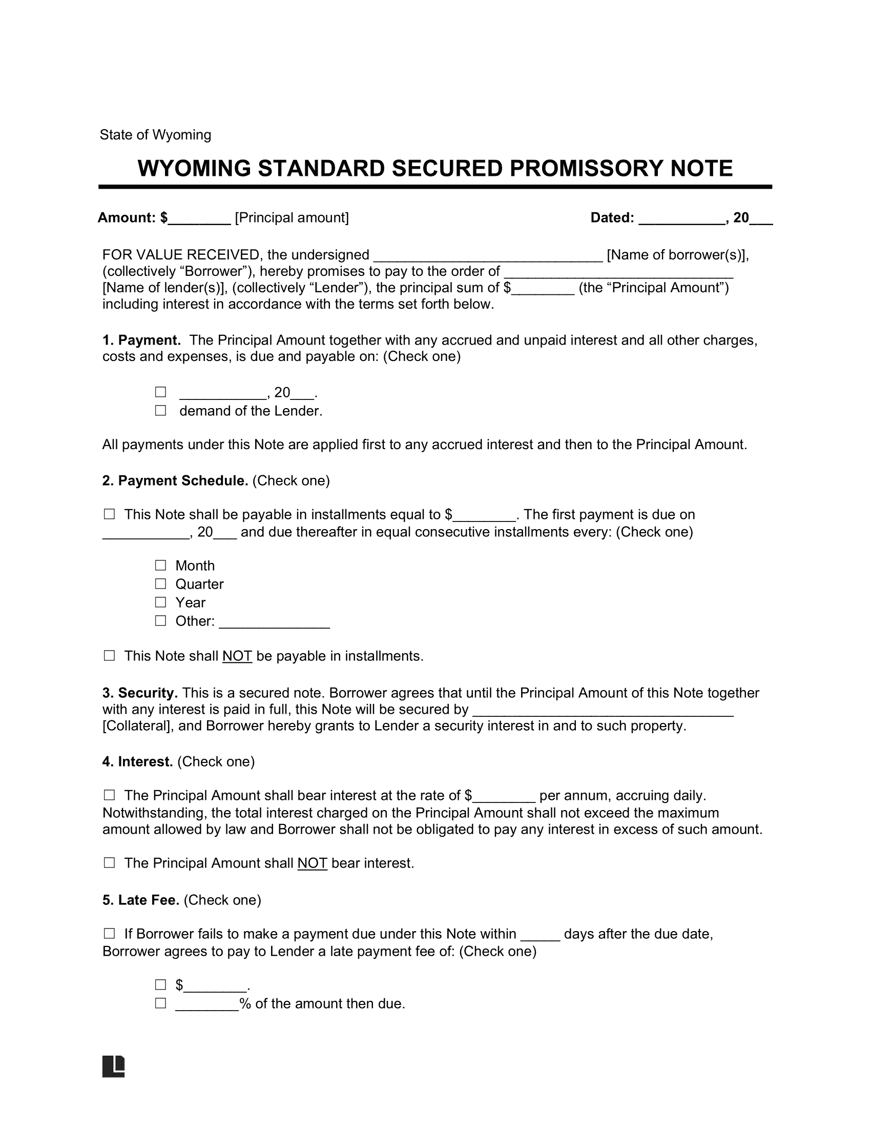 Wyoming Standard Secured Promissory Note Template