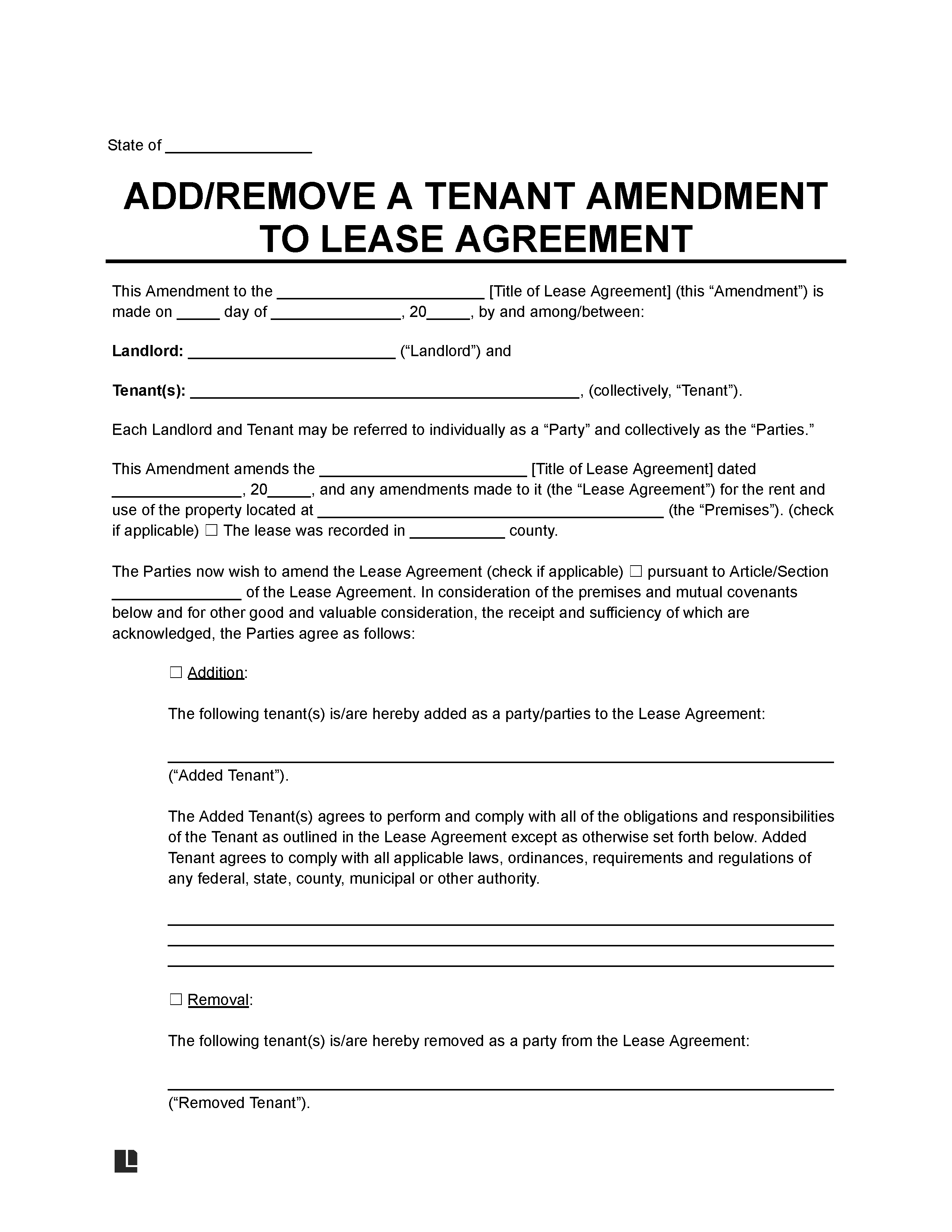 Add/Remove a Tenant Lease Amendment Template