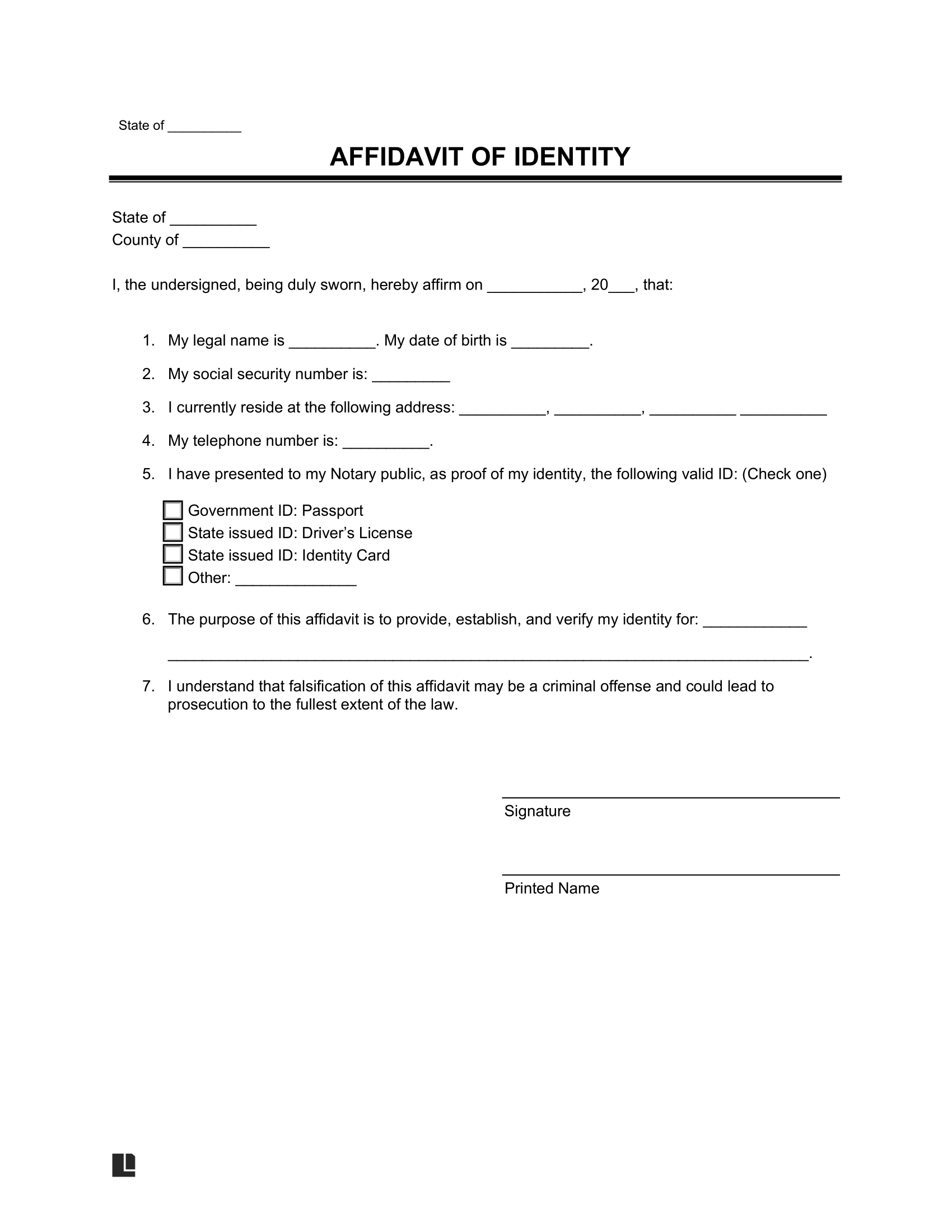 Affidavit of Identity Template
