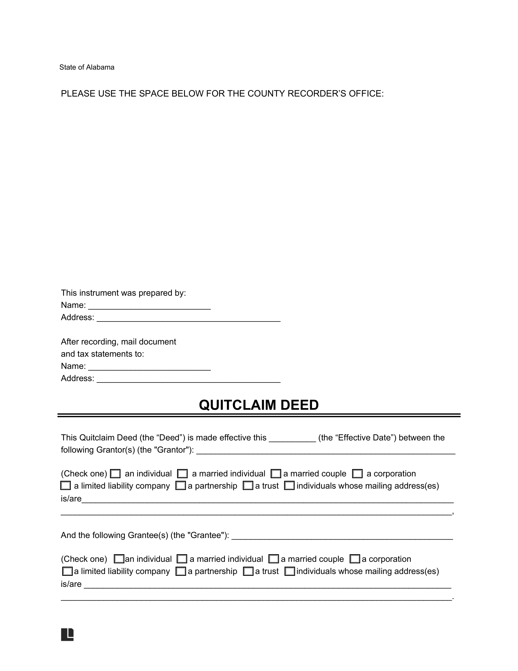 Alabama Quitclaim Deed Form