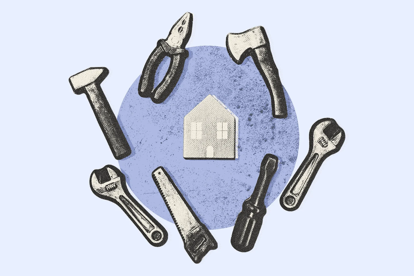 Hammer, pliers, hatchet, wrench, screwdriver, and a saw in a circle around an icon of a house