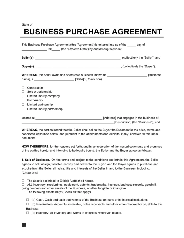 Sample of a business purchase agreement template