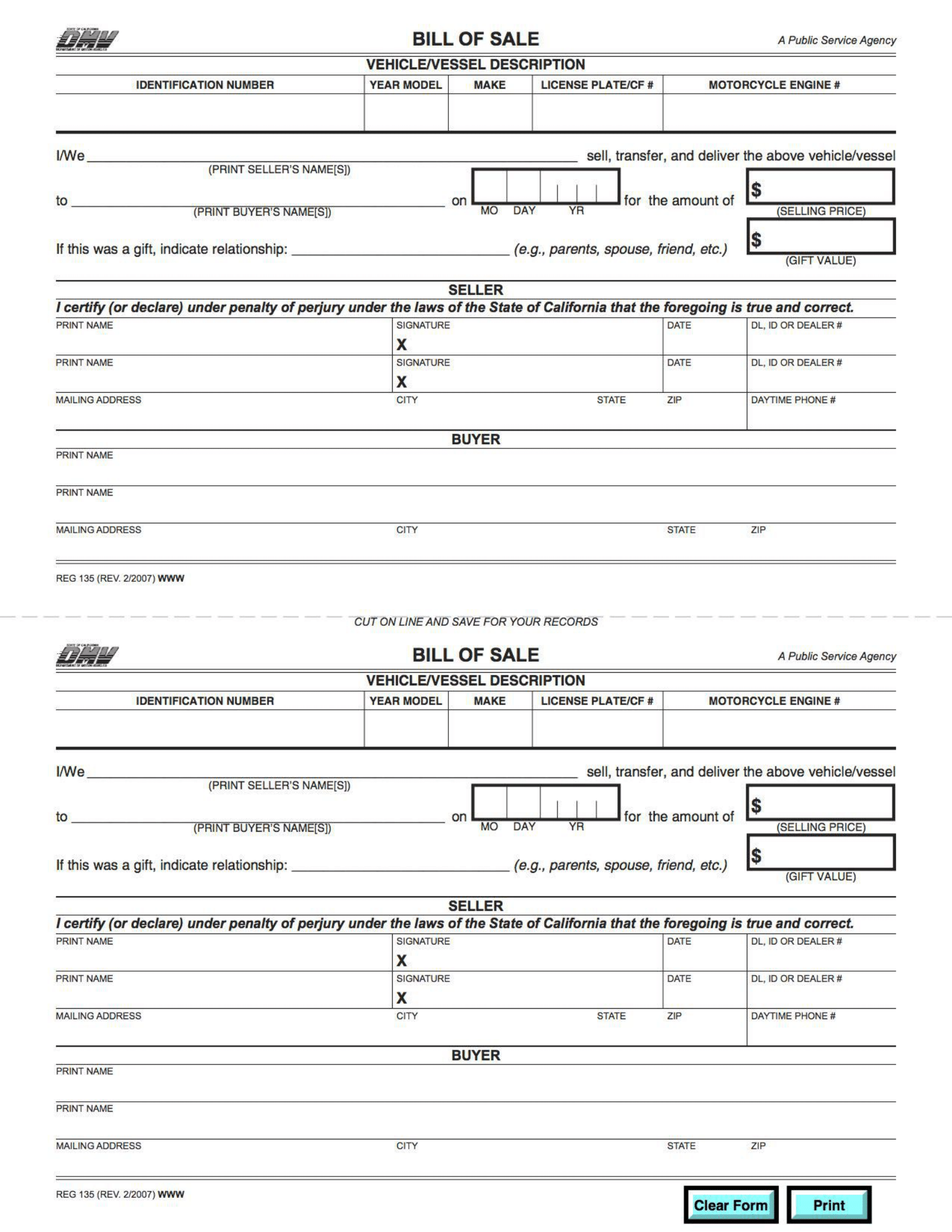 california automobile bill of sale template