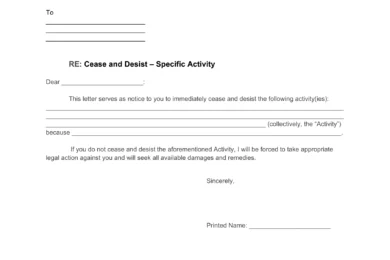 Sample of a cease and desist letter template