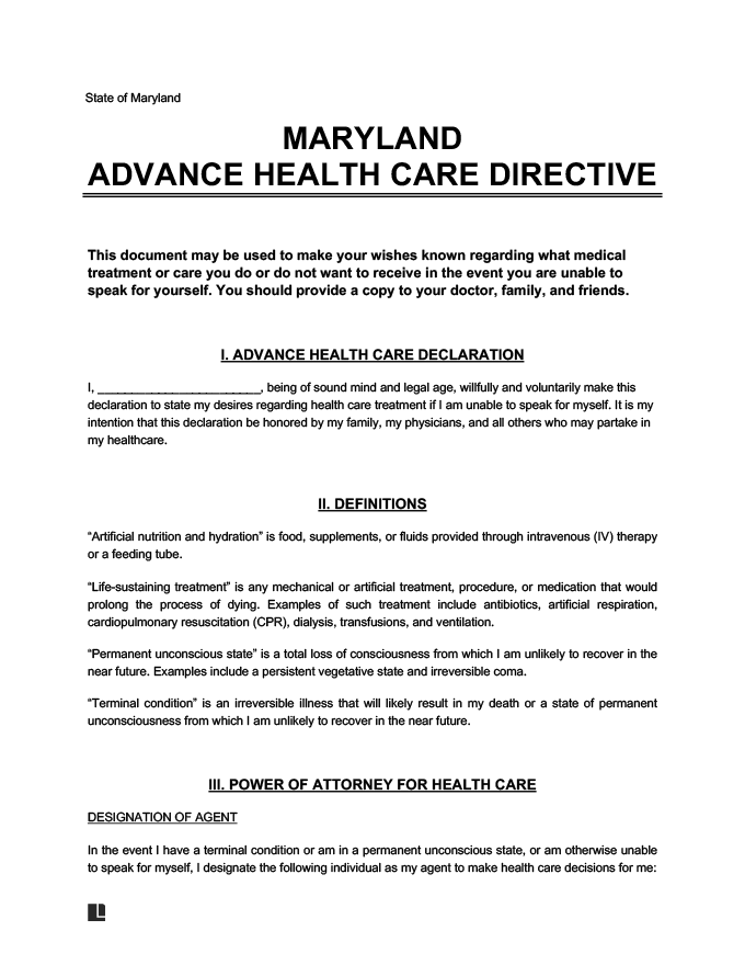 Maryland Advance Directive Form