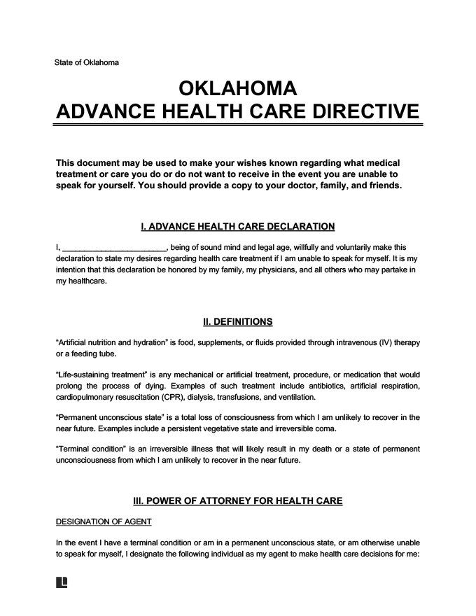 Oklahoma advance directives creenshot